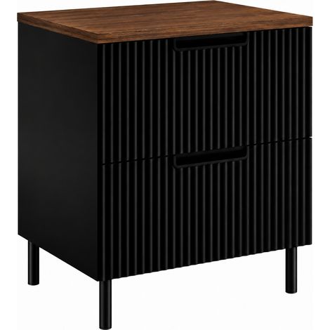 Meuble sous-vasque sur pieds 60 cm, 2 tiroirs, avec plan de travail, fermeture douce, Noir / Plan Chêne noyer, pieds noirs, 60 x 46 x 73,6 cm (1/5)