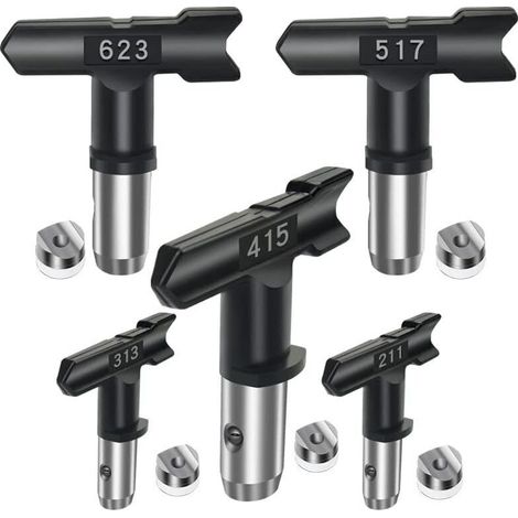 SABIR Accessoires pour pulvérisateurs airless, tête de pulvérisation réversible, 5 buses airless pour pistolets à peinture airless et pulvérisateurs airless 211, 313, 415, 517, 623 noir (1/4)