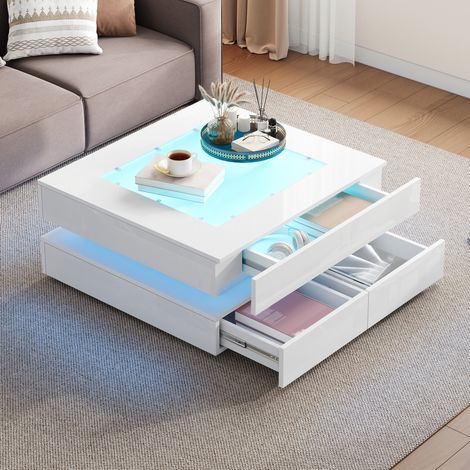 Mesa de centro cuadrada (70x70x35 cm), con iluminación LED, 3 cajones, tablero de vidrio templado, panel de partículas, blanco (1/5)