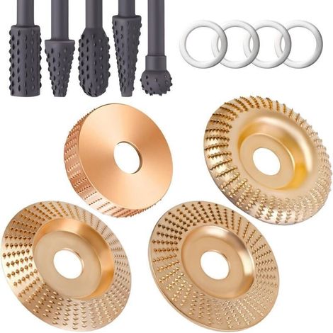 Lot de 4 disques de sculpture sur bois pour meuleuse d\'angle + 5 râpes rotatives, meuleuse d\'angle 4" ou 4 1/2" avec mandrin 7/8", disques de façonnage pour meuleuse d\'angle (1/4)