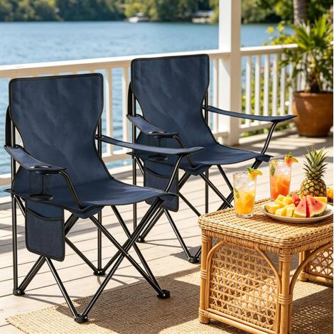 REDOM Set di 2 sedie da campeggio pieghevoli con portabicchiere e tasca laterale, Oxford e metallo, blu navy (1/5)