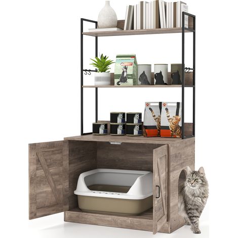 COSTWAY Modern Cat Litter Box Enclosure Hidden Cat Washroom Cabinet-Grey (1/5)
