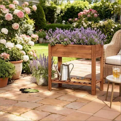 Potager surélevé élégant, bac à herbes aromatiques, jardinière avec étagère de rangement (1/4)