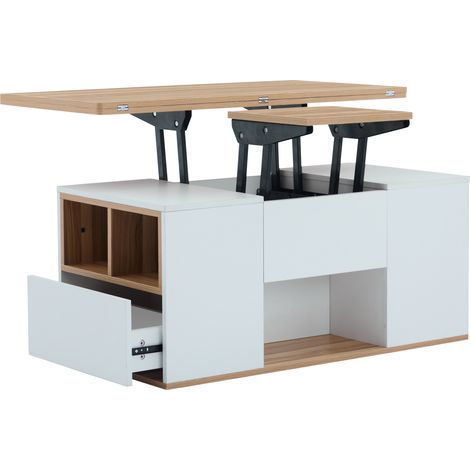 Mesa de Centro Elevable con 2 Cajones, 1 Puerta y Huecos Abiertos, Tablero 2 en 1, para Salón, 100×51×47 cm (1/5)