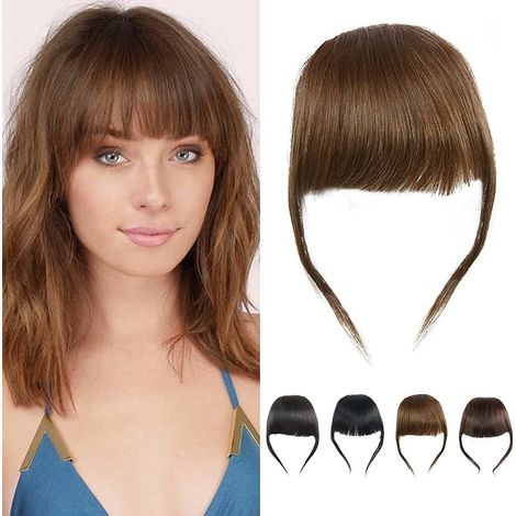 Perruque frange en vrai cheveux humains, couleur brun clair, épaisse et non transformée, extension capillaire à clip, frange naturelle