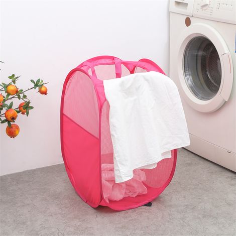 Panier à linge pliable, panier de rangement pour vêtements, ouverture ronde et structure latérale, rouge rose, grande ta (1/4)