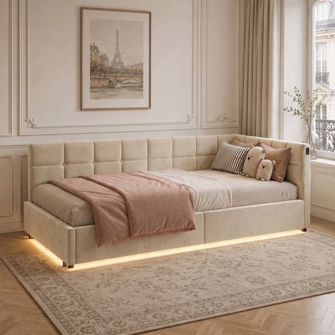 Lit coffre 90x200 cm avec lumière LED, Lit banquette de jour rembourré avec rangement hydraulique, structure en L, velours, Beige (1/5)
