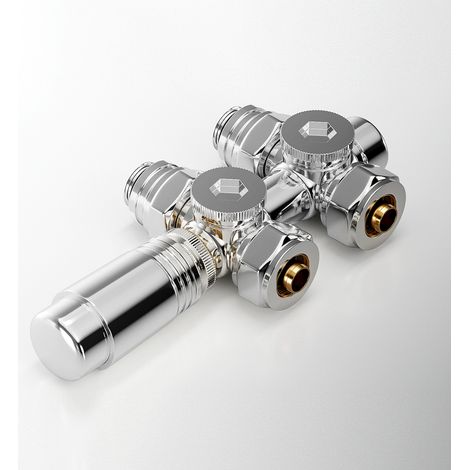 Heilmetz Multiblock Set für Heizkörper Anschlussarmatur mit Thermostat 50mm Ventil-Armaturen Heizungszubehör Eck- und Durchgangsform Wandanschluß Anschlußgarnitur Chrom 1 Stück (1/5)