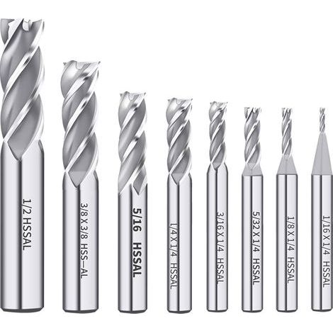 Fresa a 4 taglienti diritta in acciaio rapido HSS da 1/8", 3/16", 1/4", 5/16", 3/8", 1/2", 5/32", 1/16", confezione da 8 (1/5)