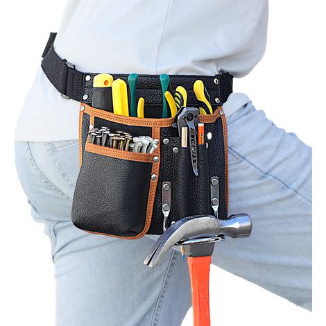 Pochette Outil, Ceinture à outils en cuir véritable pour homme - Avec ceinture réglable - Avec porte-marteau - Pour charpentiers, jardiniers, constructeurs de cadres, couvreurs, artisans (1/5)