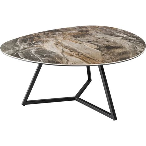 Table basse PETRANO 90 cm effet pierre taupe – Plateau céramique et verre trempé (1/5)