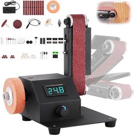 Ponceuse à Bande Mini, 350W Ponceuse électrique , Meuleuse d'établi à Bande de 1,2x15" livrée avec 10 pièces Bandes Abrasives, Adaptée pour Meulage d'outils Tels que Métal Bois l'Aluminium (1/5)