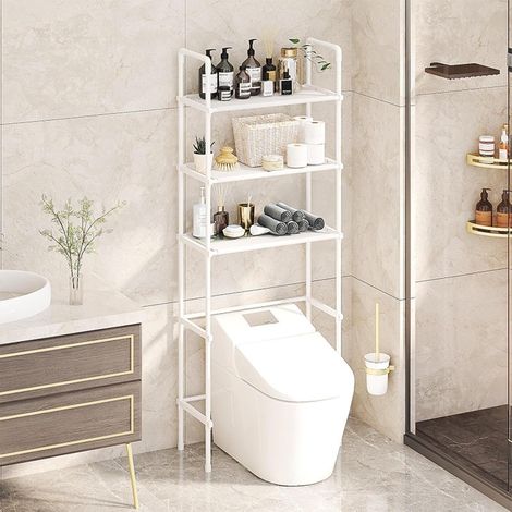 Rangement au-dessus des toilettes – 3 niveaux – Organisateur salle de bain – Colonne autoportante – Pieds réglables – Gain de place – Montage facile – Acier carbone-Blanc-4725155CM (1/4)