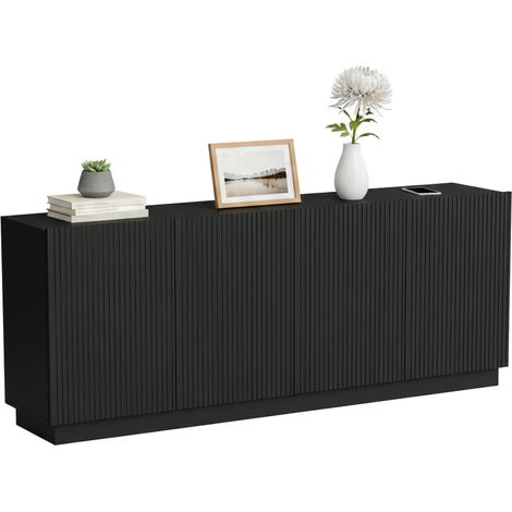 Credenza Masainas, Madia da salotto con quattro ante battenti, Design con effetto cannettato, 150x40 h48 cm, Nero