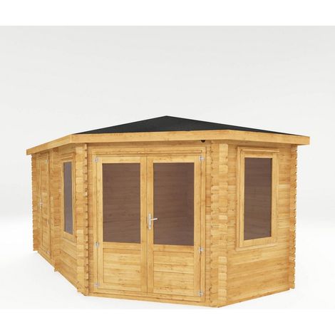 5 x 3 m Corner Lodge Plus Log Cabin with Side Shed - 28 mm - Timber - L317.2 x W509.8 x H274.3 cm - Brown