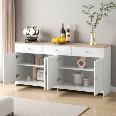 Buffet à 4 portes 160×37×75cm avec 3 tiroirs，meuble de dimensions avec étagères réglables，armoire de rangement de style moderne，cadre en bois，pour salons, salles à manger et cuisines，Blanc