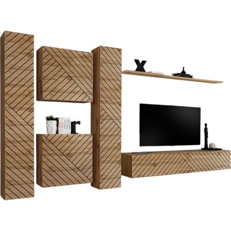 Set di mobili da soggiorno di design SWITCH VI. Colore quercia Wotan con finitura frontale fresata.