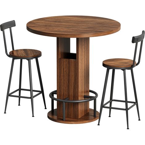 Conjunto de mesa alta redonda y 2 taburetes 80 cm color nogal con estructura de acero y almacenaje (1/5)