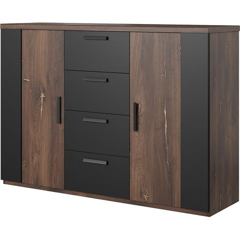 Cómoda de diseño 2 puertas y 4 cajones – 130 cm – Roble oscuro y negro – Colección FOX