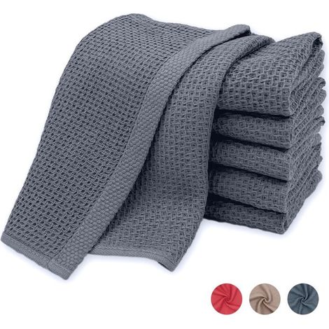Lot de 6 torchons 100 % coton, tissage gaufré, séchage rapide, 30 x 30 cm, gris (1/4)