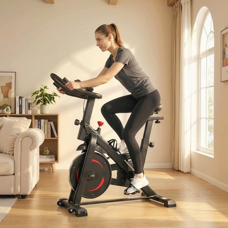 Vélo d'appartement silencieux avec résistance réglable, connexion à une application via Bluetooth, écran LCD, 111,5 x 52,5 x 114,5 cm, noir (1/5)