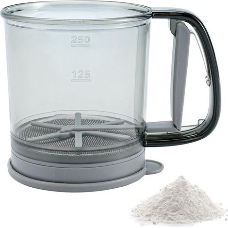 Setaccio a doppia maglia fine per farina, ideale per la cottura al forno, setaccio in plastica da 1,5 tazze per zucchero a velo con vassoio raccogligocce, setaccio con meccanismo a pulsante per un fac (1/4)