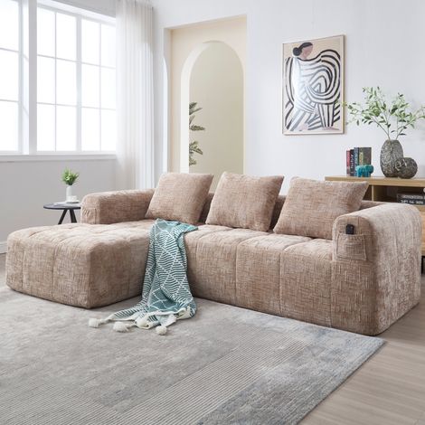 Canapé d'angle, 250x158x60 cm, canapé en L, canapé 3 places, livré monté, chenille, avec méridienne et accoudoirs, 3 coussins, poche latérale, kaki