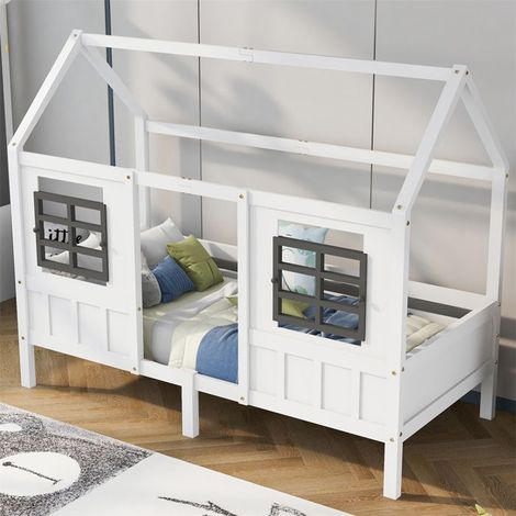 Lit cabane enfant 90 x 200 cm blanc en pin et MDF, 2 fenêtres, sommier inclus (capacité 100 kg)