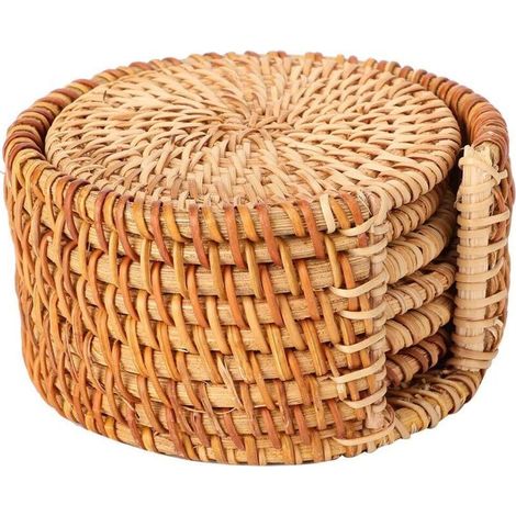 6 Pièces Dessous, sous Verre Bois Rond, Dessous De Verre en Rotin, sous-Verres pour Boissons, sous Verres pour Table Basse, avec Support en Rotin, pour Les Restaurants Et La Maison (1/4)