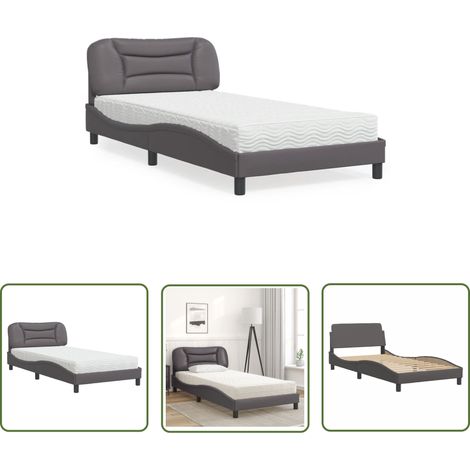 The Living Store Lit avec matelas gris 100x200 cm similicuir - Lit Double - Lit Plateforme - Lit Design - Lit Moderne - Literie (1/5)