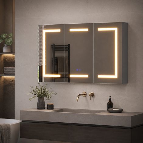 Armoire de toilette 100×14×60 cm,3 portes,lumière LED,meuble miroir salle de bain,verre trempé,HD anti-buée,meuble mural miroir bain,grande capacité,étagères réglables,style moderne, Blanc (1/5)