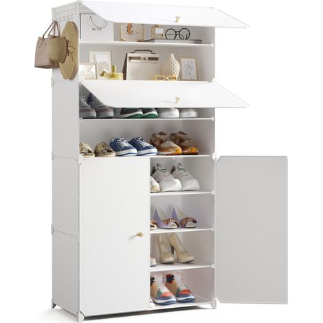 Étagère à Chaussures 8 Niveaux, Étagère de Rangement Modulable avec Porte en Plastique, pour Couloir Chambre Salon, 30 x 60 x 138 cm (Blanc) (1/5)