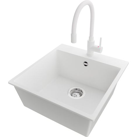 PRIMAGRAN Evier Cuisine en Granit 48x50cm,Lavabo 1 bac + Robinet 38x14cm + Kit de Vidage, Évier à Encastrer au meuble 50cm - Riga, Blanc (1/5)