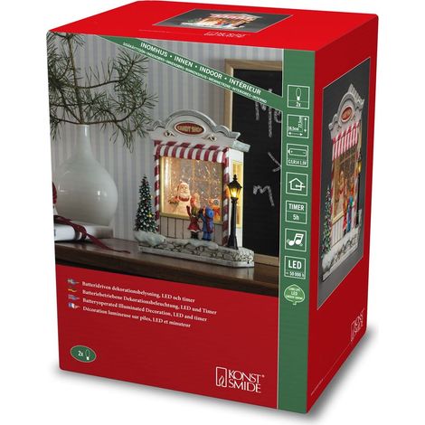 Konstsmide Lanterna a LED con neve, per negozio di caramelle e Babbo Natale, riempita con acqua/decorazioni natalizie per interni (IP20), musica opzionale, otto canzoni, funzionamento a batteria: 3 x (1/5)