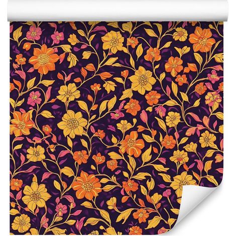 Papel pintado con intrincado estampado floral en dorado y burdeos, 50x1000 cm. (1/5)