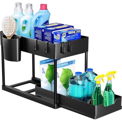Meuble bas étagère, à deux niveaux, étagère multifonction pour cuisine et salle de bain, support de plateau noir