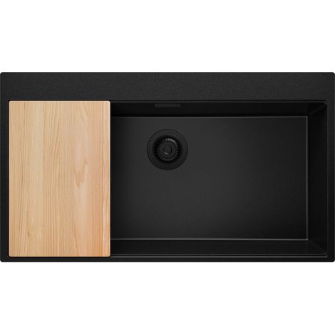PRIMAGRAN Evier Cuisine en Granit 88x50cm, Lavabo 1 bac + Kit de Vidage + Planche à Découper, Évier à Encastrer au meuble 90cm - Oslo, Tout Noir