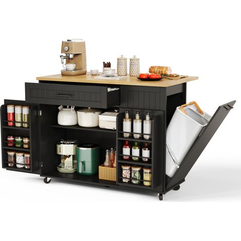 Isola cucina mobile 120 × 70 × 93 cm in MDF nero, piano ribaltabile, contenitore (1/5)