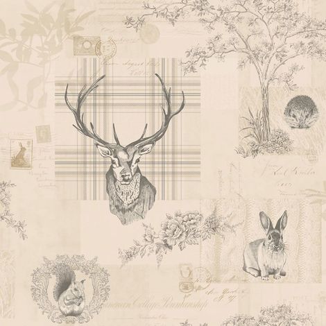 Animal Print Wallpaper Woodland Stag Rabbit Trees Flowers Linen Charcoal (1/2)