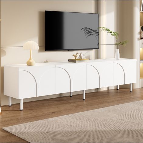 Meuble TV blanc 180x35x49 cm en bois d'ingénierie – Grand espace de rangement – Design minimaliste – Capacité de charge 60 kg (1/5)