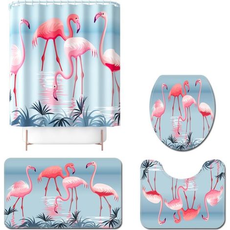 Ensemble rideau de douche et tapis de bain imprimés flamants roses (dessin animé numérique), quatre pièces, C (1/5)