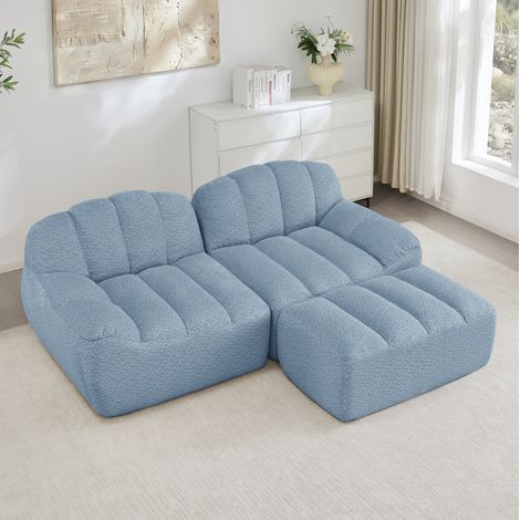 FloraGrace Canape modulable 2 places avec ottoman, forme coquille, revetement en polaire granulee bleue, sans montage (1/5)