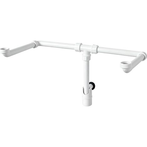 Siphon pour double vasque – tubulaire gain de place pour salle de bain, G 1 1/4 pouce (DN32), kit d'évacuation pour double vasque, siphon avec trappe de nettoyage et filtre anti-cheveux (1/5)