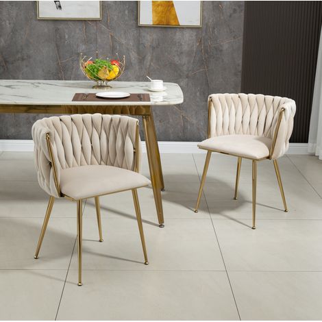 Set de 2 sillas de comedor 55.5x41x74 cm marfil en terciopelo con respaldo tejido y patas doradas (1/5)