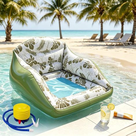 Beyamis Fauteuil gonflable de piscine 3 en 1 convertible en forme de U pour adultes - Chaise longue confortable pour se détendre au bord de la piscine, pompe à courroie verte (1/5)