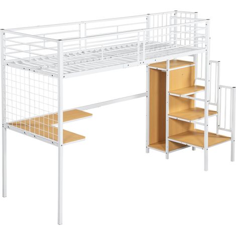Lit mezzanine en fer 90 x 200 cm avec bureau et armoire, blanc et naturel (1/5)