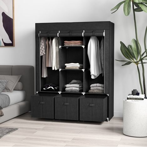 MODFU – Armario textil con estructura de acero negro, 2 perchas, 5 estantes y 3 cajones de tela, 125x43x162,5 cm – Negro (1/5)