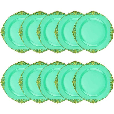 10 assiettes à salade/dîner rondes jetables en plastique, couleur sauge poussiéreuse, 25 cm, bordure baroque dorée en relief, décorations pour fêtes et événements (1/5)