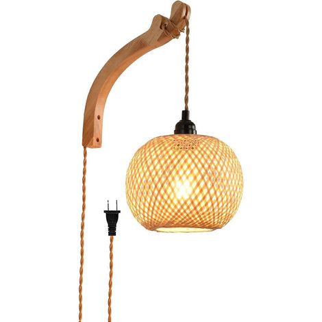 Wandleuchte mit handgewebtem Bambusschirm, rustikale Rattan-Wandlampe im Landhausstil für Schlaf- und Wohnzimmer, 1 Stück