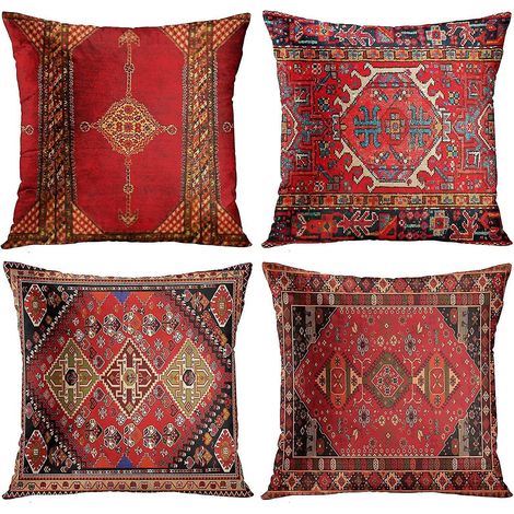 4-teiliges Set Dww-4 Vintage Türkisch-Persischer Teppich Rotes Blumenmuster Leinen Kissenbezug Heimkissenbezug Geometrischer Persischer Kelim Heimdekor 4-teilig